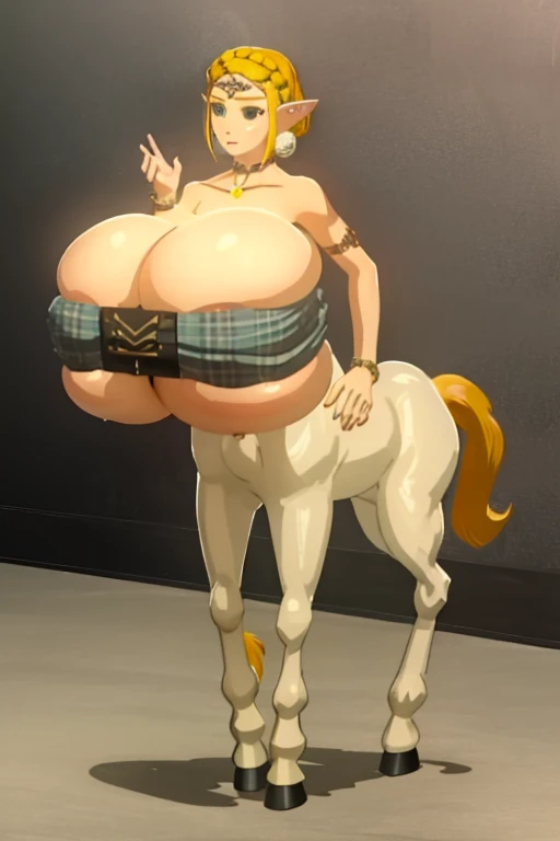 (masterpiece, best quality), intricate details,
1girl, 1girl,short hair,blonde hair,jewelry,earrings,pointy ears,bare shoulders,green eyes,strapless,bracelet,dress,strapless dress,circlet,collarbone, (large breasts:1.6), (centaur:1.6)