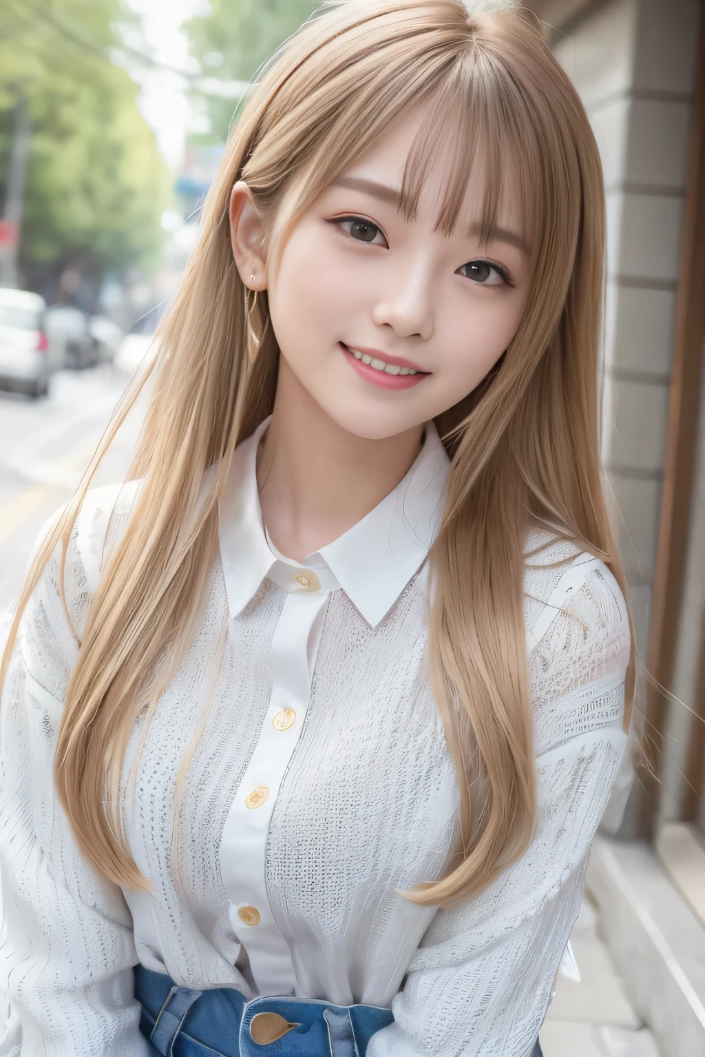 masterpiece、４K、Looking into the camera、Take a selfie from the front、（Cute smile 1.6）Close-up shot、18-year-old female、Light blonde、With bangs、｟Loose and fluffy shorthair｠、Fashion Model、Cafe Terrace、Instagram、Cute Woman、