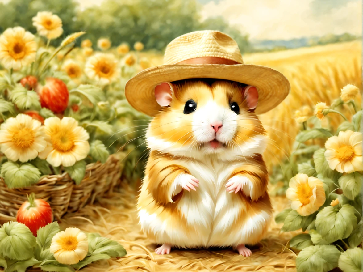 (働くhamstermer),農作業をするhamster,Background of the field,Farm Management Gadget,a straw fedora hat,Growing vegetables,crops are piled up,agriculture,fieldwork,​masterpiece,top-quality,,Chibi,cute little,,A delightful,tre anatomically correct,The cutest hamster,,hamster,,Fantasia,randolph caldecott style,illustratio,watercolor paiting