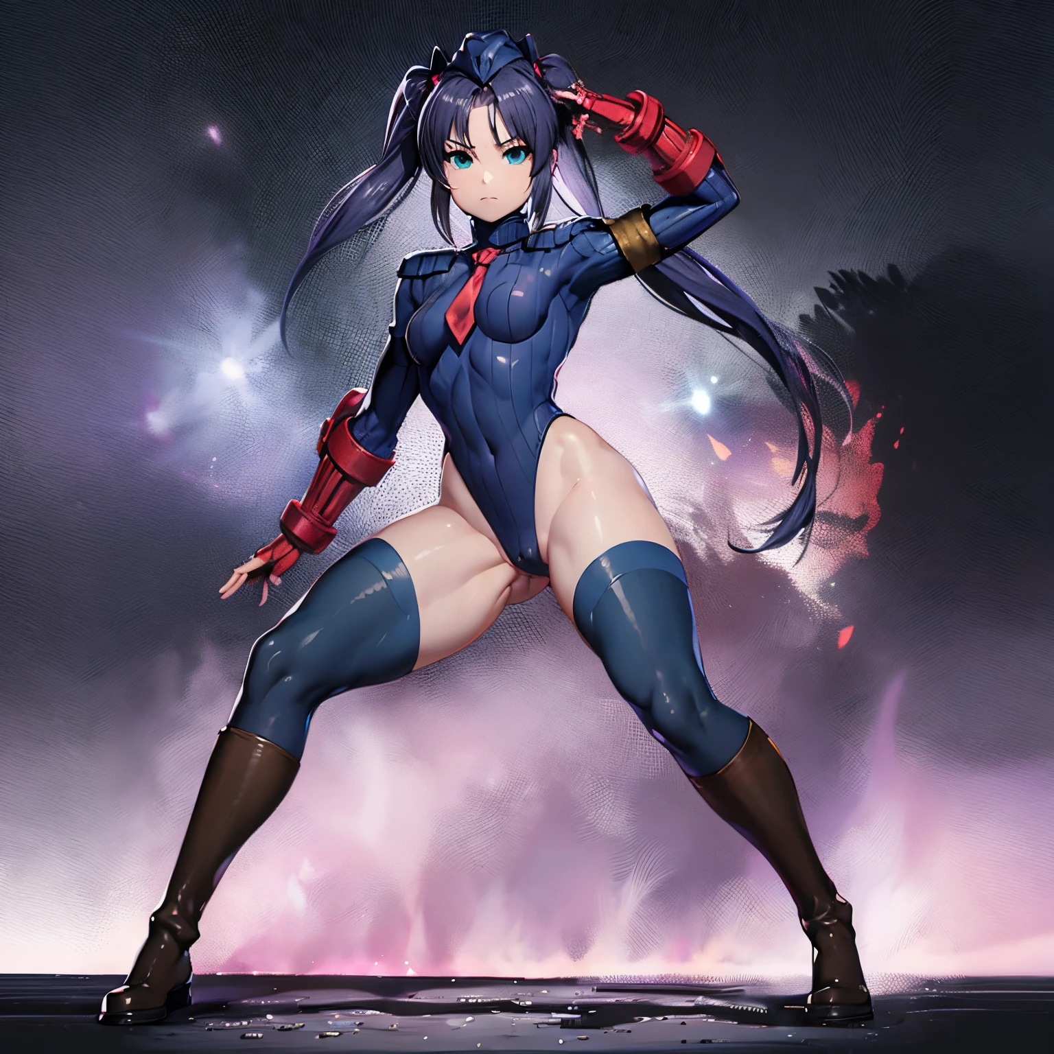 ultra-detailed, Explicit, Beautiful body, Beautiful Nose, Beautiful character design, perfect eyes, perfect face, ultra highres, 4K, beautiful legs, perfect legs, Nice hands, Perfect hand, Masterpiece, Best Quality, Highly detailed, illustration, absurdres, street fighter, doll suit, shadaloo doll, dollsuit, girls, multiple girls, expressionless, blank eyes, looking at viewer, red gloves, emotionless, black latex, corrution, mind control, female combatant, full body, hypnotized, unhappy trance, full body suit, ribbed bodysuit, both arms at side, stand up straight, obey, perfect female body, extremely glossy latex, hypnosis, hypnoLora, empty eyes, Mind control device, poses, submissive_pose, Slave, hat, necktie, stand up straight, standing, standing at attention, Slave, hat, necktie, belt, extending the right arm from the shoulder into the air with a straightened hand, nazi saluting, military, military saluting, salute, latex, ribbed bodysuit, purple hair, twin tails, green eyes, Sasasegawa Sasami, Little Busters!