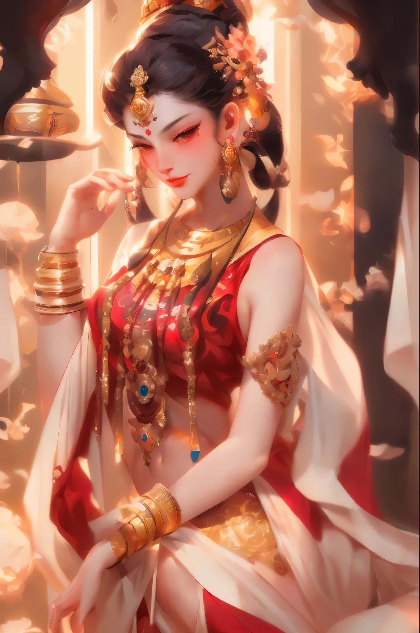 painting of a woman in a traditional indian dress with a gold necklace, a beautiful fantasy empress, ((a beautiful fantasy empresy Yang J, beautiful goddess, beautiful character painting, portrait of a beautiful goddess, beautiful oriental woman, a beautiful artwork illustration, art of wlop, wlop art, artwork in the style of guweiz, by Li Song