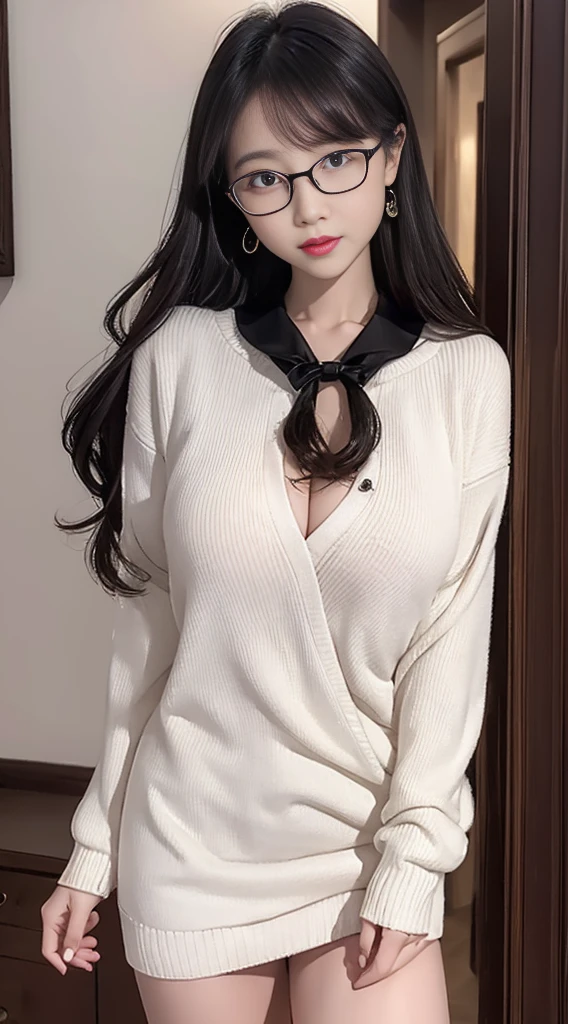 curlies，Eyes are exquisite and delicate，Wearing glasses and light hair，White sexy open chest sweater，Exposed busts，Leather hip skirt