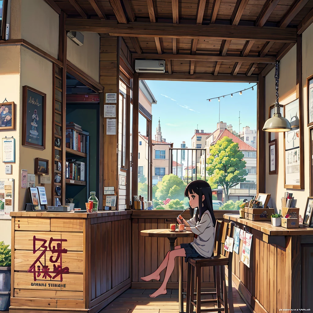 Anime girl sitting eating noodles, Style artistique : mignon, ZÉRO artstyle, Mignon art numérique détaillé, Esthétique de l'anime : Anime mignon. Qualiltu : 8L. Style d'art anime, Jeune fille, étudiante, nouille. Style d'art anime. Illustration détaillée mignonne, Illustration d'anime souple, ZÉRO boy, Œuvres d'art mignonnes, Fanart de haute qualité, Anime illustré. Inspiré de Spirited Away. Bar à nouilles. Etudiantes. Paisible. Calme. La fille mange seule, le bar est en extérieur. La rue est calme. Elle est assise à une chaise haute.