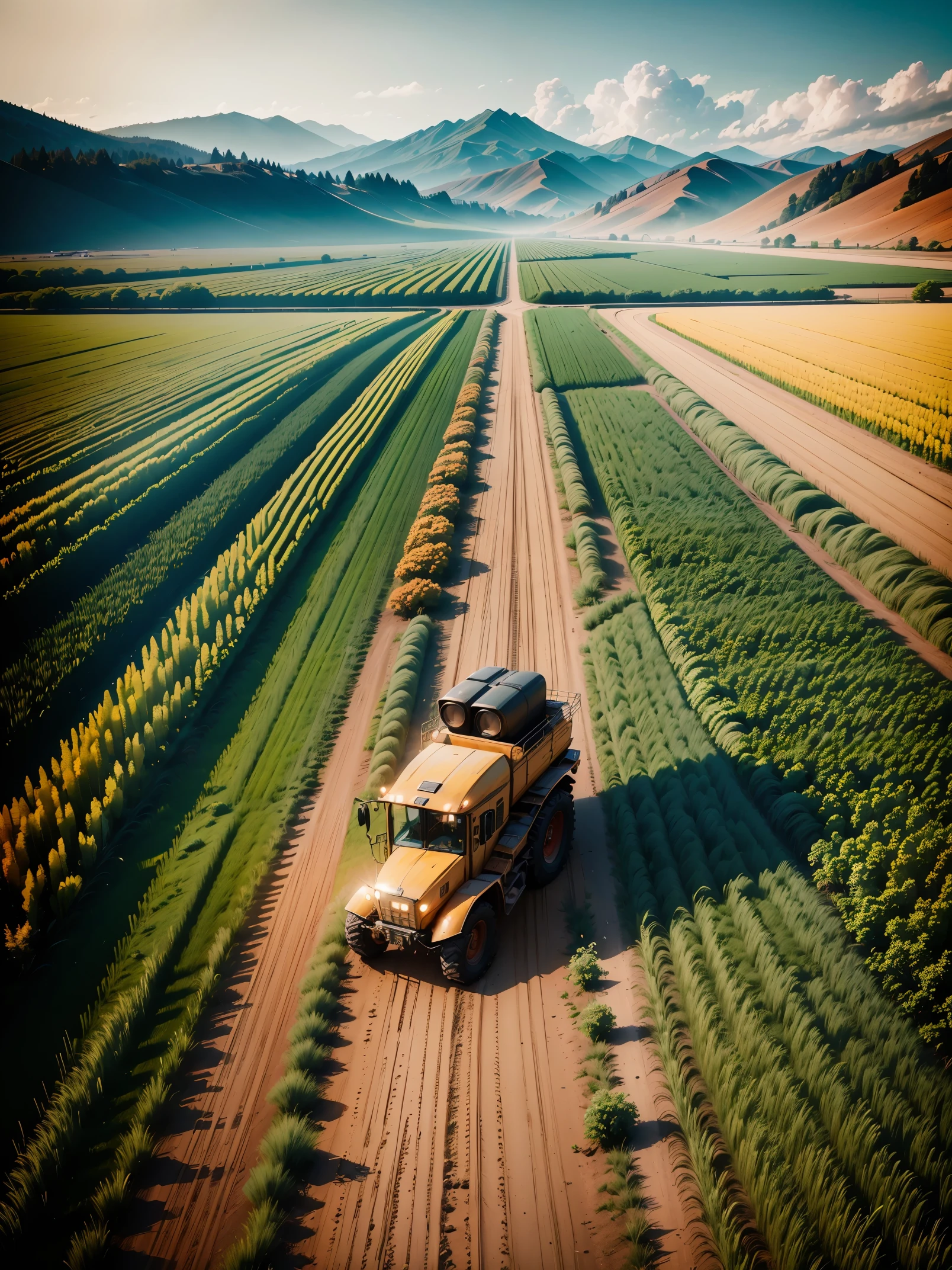 (in 8K, Raw photography, Best Quality, masutepiece: 1.2), high-definition RAW color photography, Professional Photography, Cinematic Light, red trailer, tractor, harvestの風景,farmer,(Detailed facial expressions), slenderbody, Beautiful pictures, instagram photo, Photo Shot, album art, Description, harvest, Crop, high grain,Highly detailed, Photography, masutepiece, High quality, High quality, hight resolution, Professional Lighting,