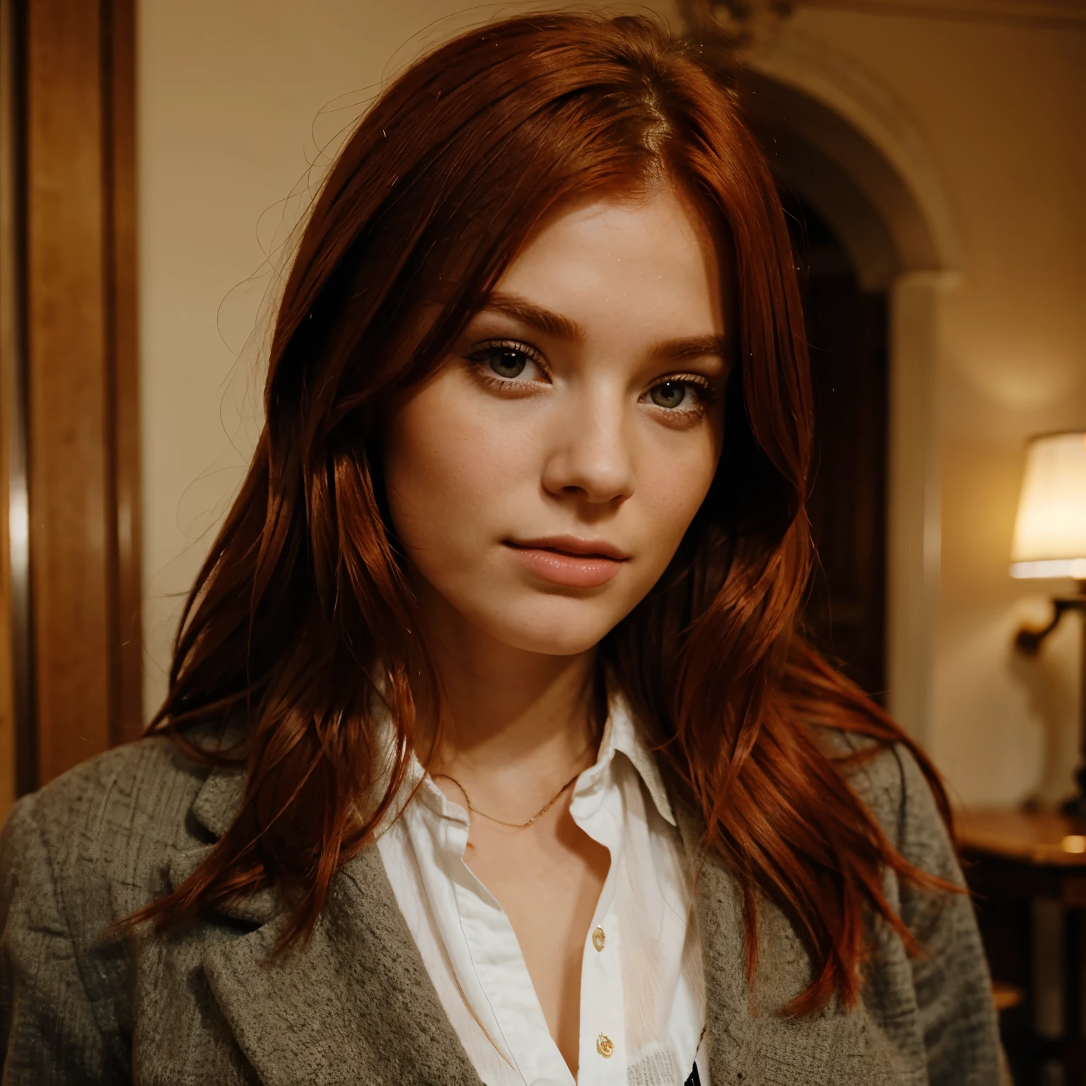Beautiful redhead girl identical to Elisabeth Olsen wearing black pants and a black T-shirt with a high collar and long sleeves and wearing a blue belt and holding a dagger