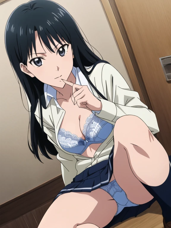 Best Quality, masutepiece, 超A high resolution, (Photorealistic: )2D official style cel anime sitting amagami Tsukasa Ayatsuji　girl with　hi-school girl　uniform gymnasium　white line mini skirt　Crouching　frontage　Lift the shirt　Light blue lace bra　Show me your light blue lace underwear　be shy　Longhaire　Straight hair　knee sox　lowfers