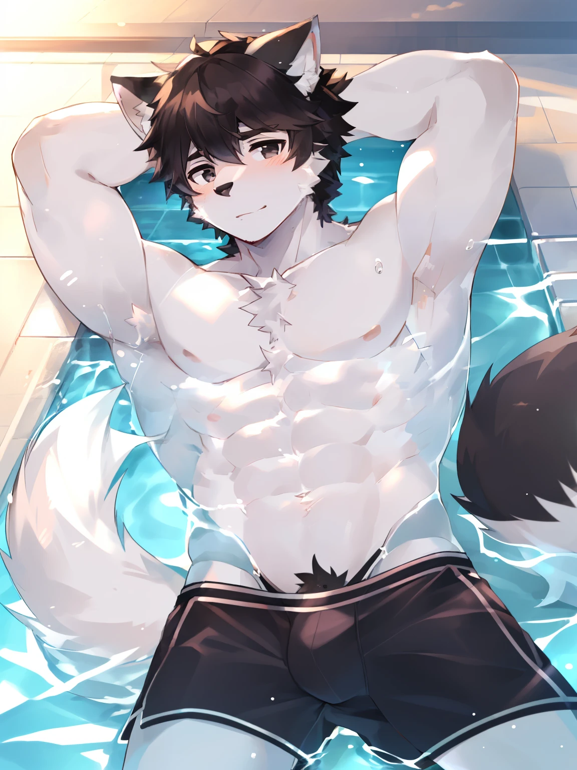 Swimming pool, (1boy), solo, male anthro, kemono, white fur, black hair, (white torso), muscle, hunk, sexy, handsome boy, detailed eyes, white eyebrow, black boxer, (masterpiece), soft skin, warm air, wolf ears, black eyes, black tail, 4K picture quality, beautiful CG.