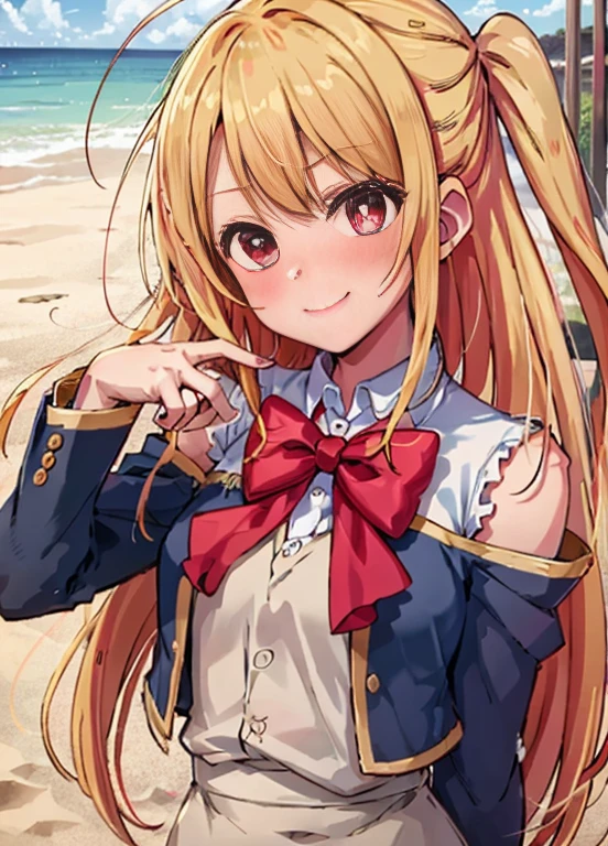 Hoshinolby, 1girl in, Solo, medium breasts,  Blonde hair,  Brown Footwear, Bow, , Long hair, ,bowtie, blush,  One side up, , star-shapedpupiloutdoor, Sunny, Daytime , Upper body，sleeveless，shortpants，He is wearing a large straw hat.，Mare，sand beach，Mare水浴