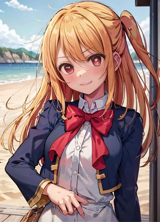 Hoshinolby, 1girl in, Solo, medium breasts,  Blonde hair,  Brown Footwear, Bow, , Long hair, ,bowtie, blush,  One side up, , star-shapedpupiloutdoor, Sunny, Daytime , Upper body，sleeveless，shortpants，He is wearing a large straw hat.，Mare，sand beach，Mare水浴