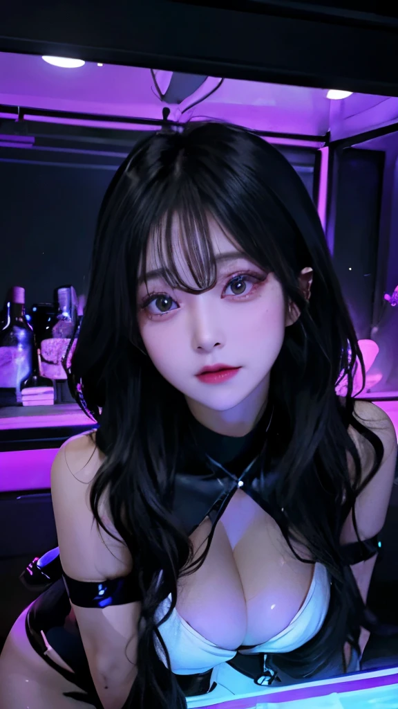 Perfect human body、Mine makeup girl、(((Black straight long hair)))、Glowing neon lights、Girls Bar clerk、Bar clerk、Pure white bar counter、girl serving alcohol、Neon and uv black light store interior、cyber 、(((The store and shirts glow under UV black light)))、numerous piercings in the ears、very Bigger breasts、ultra gigantic tits、Large cleavage、Stick out your big, shapely butt、maikurobikini、Black leather miniskirt or shorts、A store that looks like a spaceship、Liquor bottle reflecting light、Western liquor bottles on a shelf with a faint reflection、drinking cocktail、female gaki smile、cyber vision monitor、(Oil skin, gleaming skin、realistic skin textures、Detailed beautiful skin、Shiny skin、shiny white skin)))、Random angles、crouching down、crouching down