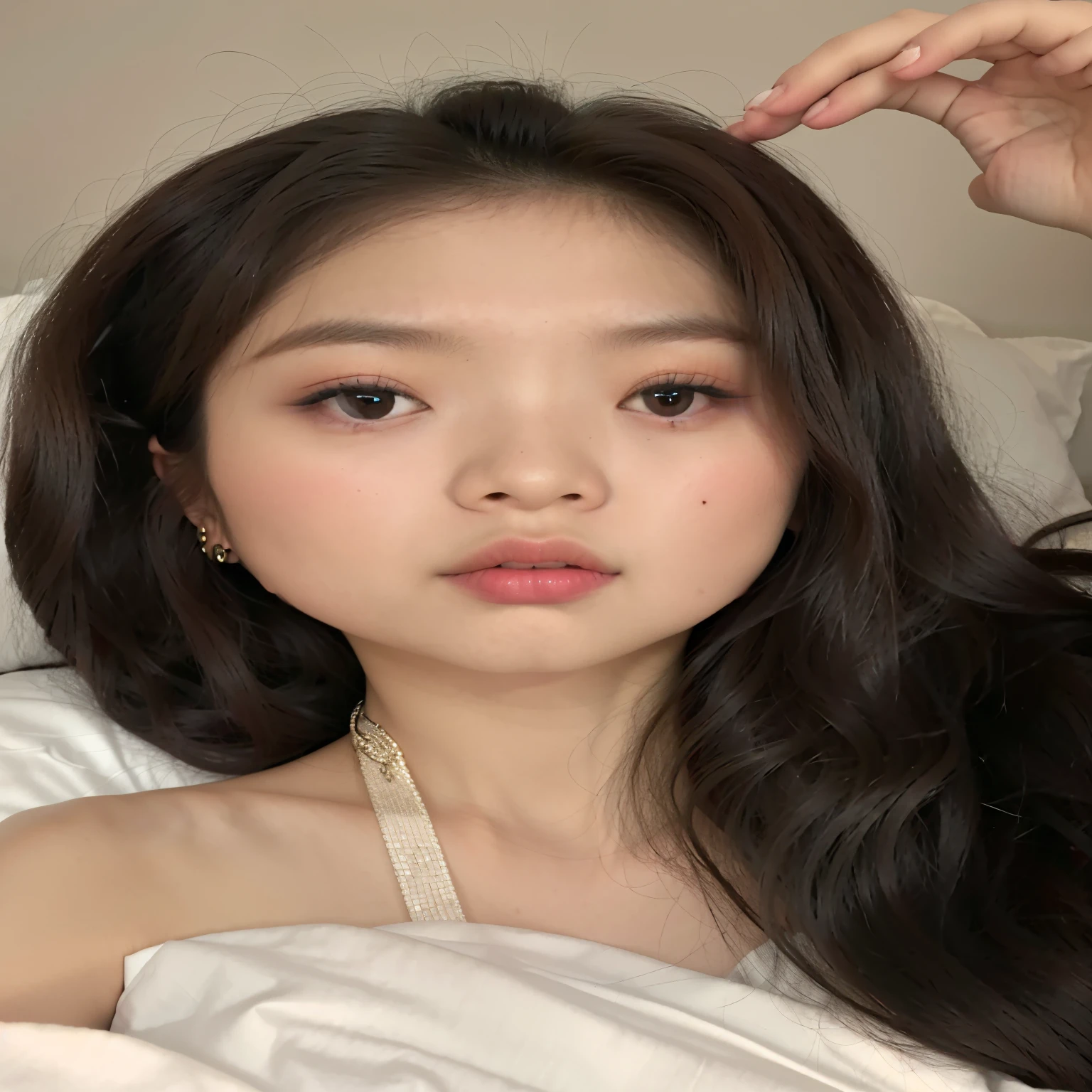 Hay una mujer con el pelo largo y negro acostada en la cama, Blackpink Jennie, Asian face, Joven y adorable rostro coreano, pale round face, Cara delicada y encantadora, south east asian with round face, young cute wan Asian face, Wan adorable cara coreana, con labios muy finos, Rasgos de la cara coreana, Chica coreana, Hermosa mujer surcoreana, thin, pale lips, ulzzang