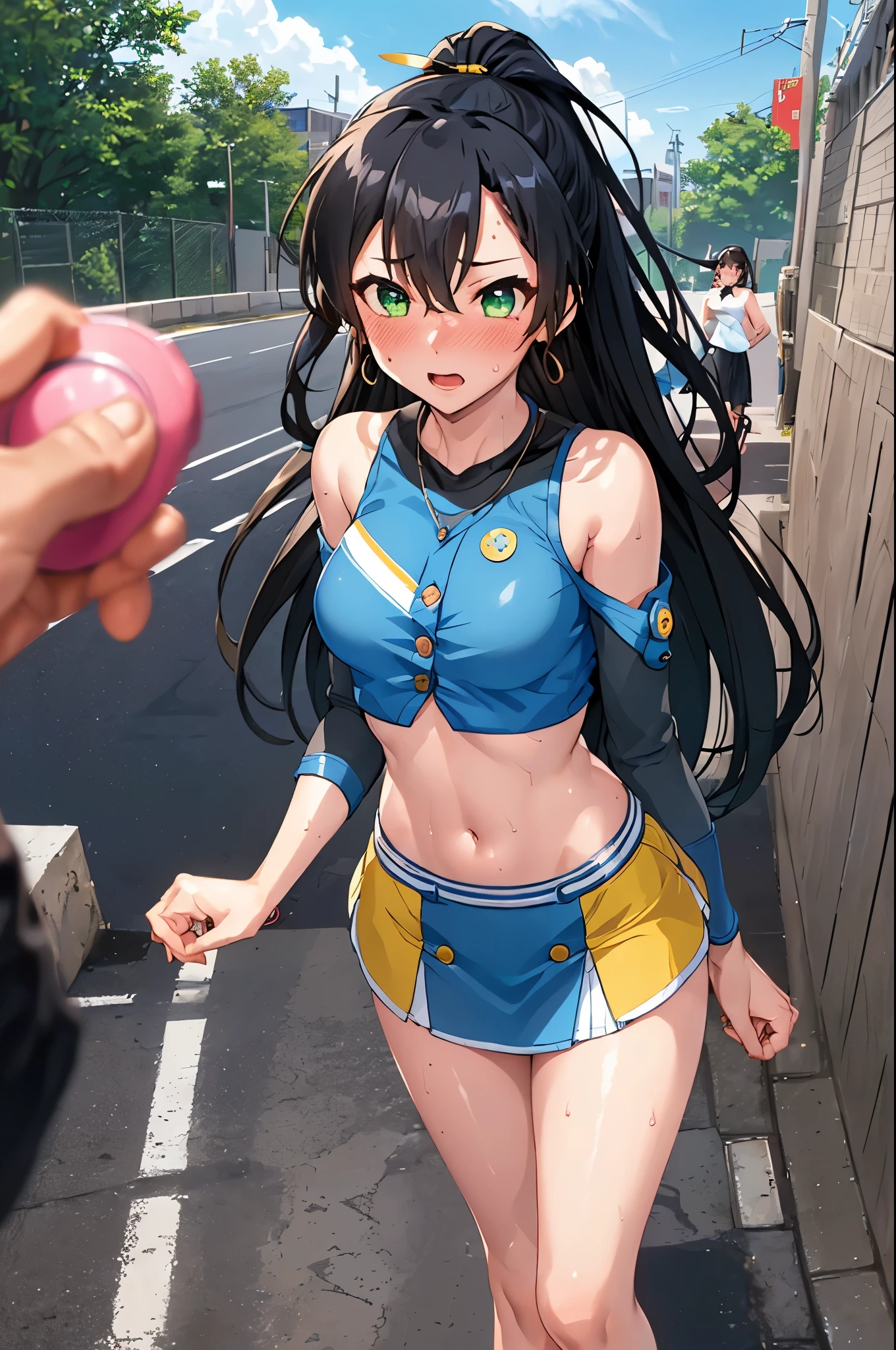 fuuma_tokiko,medium breasts,black hair,long hair,ponytail,green eyes,(cheerleader, crop top, ultra miniskirt, bare shoulders) ,(sweat gleaming skin:1.1), outdoors,sunlight, spotlight effect,bright sky, blue sky with clouds,strong wind,(highres, high quality:1.1), intricate details, cinematic lighting, 1girl,(red blush,embarrassed from),(Necklace, bracelet),(Remote Play:1.2), (remote_vibrating:1.2), ((Hand holding a button at the bottom left of the screen:1.3))、