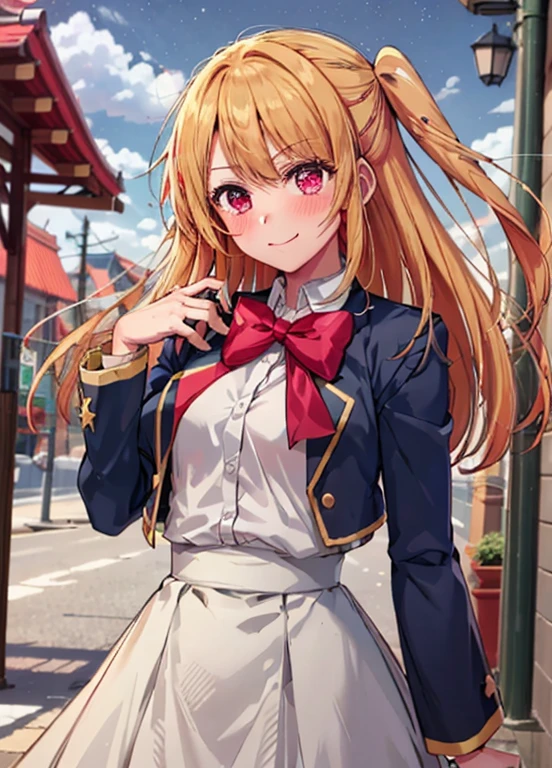 Hoshinolby, 1girl in, Solo, medium breasts,  Blonde hair,  Brown Footwear, Bow, , Long hair, ,bowtie, blush,  One side up, , star-shapedpupiloutdoor, Sunny, Daytime , Upper body，White long skirt integrated dress，sandal，city，He is wearing a large straw hat.