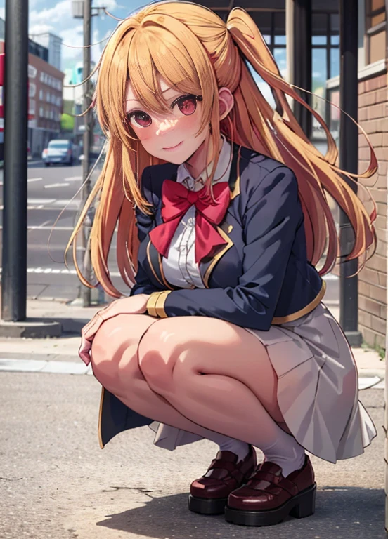 Hoshinolby, 1girl in, Solo, medium breasts,  Blonde hair,  Brown Footwear, Bow, , Long hair, ,bowtie, blush,  One side up, , star-shapedpupiloutdoor, Sunny, Daytime , Upper body，White long skirt integrated dress，sandal，city，He is wearing a large straw hat.