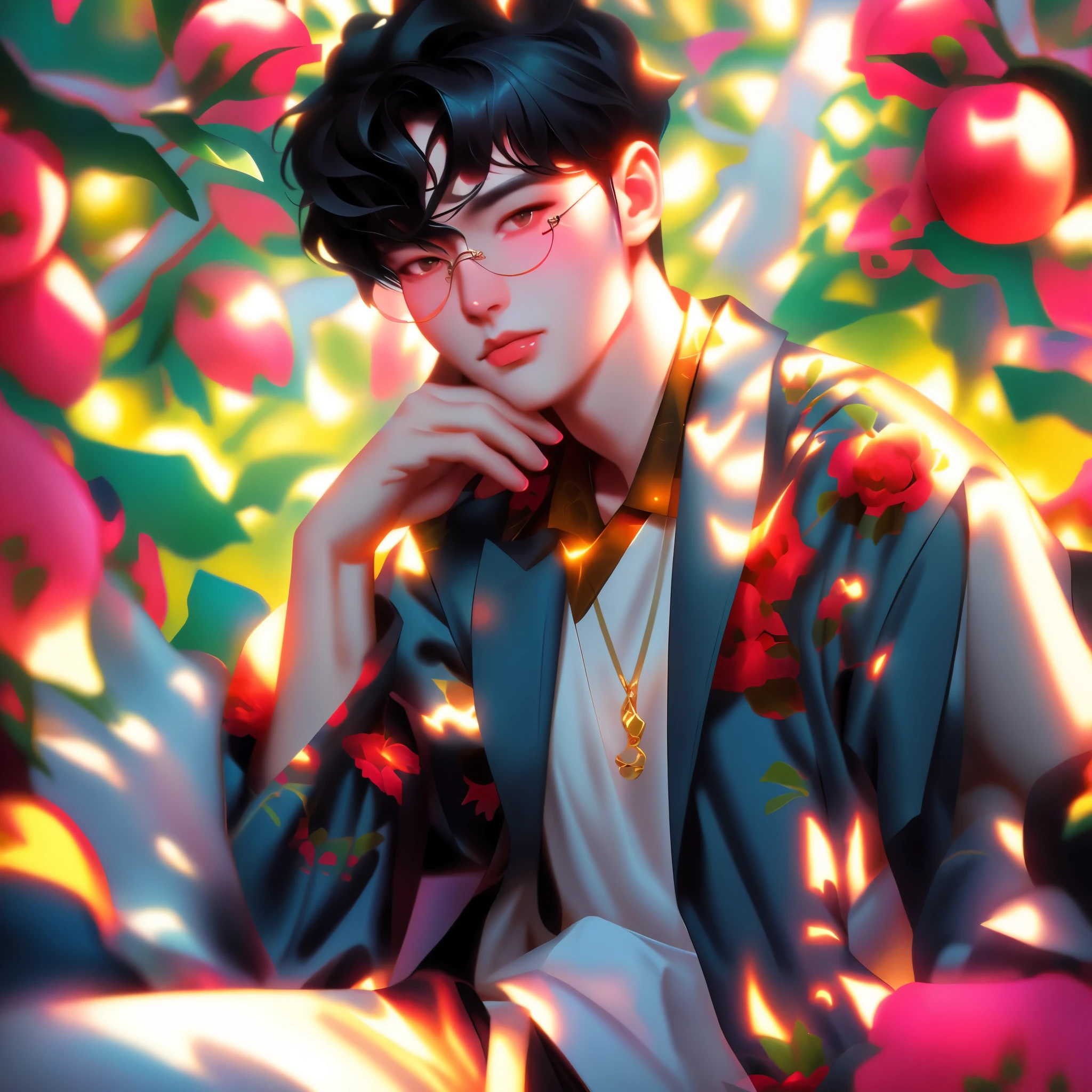 there is a man sitting on a tree with a fruit tree in the background, inspired by Yanjun Cheng, artwork in the style of guweiz, inspired by Russell Dongjun Lu, inspired by Bian Shoumin, cai xukun, inspired by Zhang Han, guweiz, inspired by jeonseok lee, jinyoung shin art, digital anime illustration