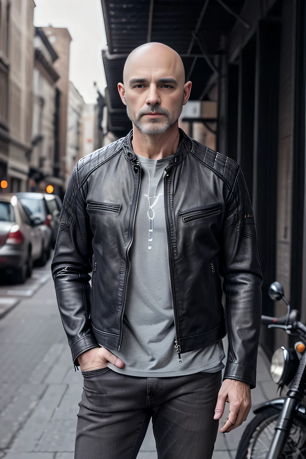 1 person, fashionable, bald, stocky guy with a beard , leather jacket, Fashionable T-shirt, Full-length, Cool boots, wearing jeans, cool motorcycle, Brutal, about 50 years, wrinkles, Standing, very short beard with gray hair, Satisfied, (High detail of the skin of the face: 1.4)