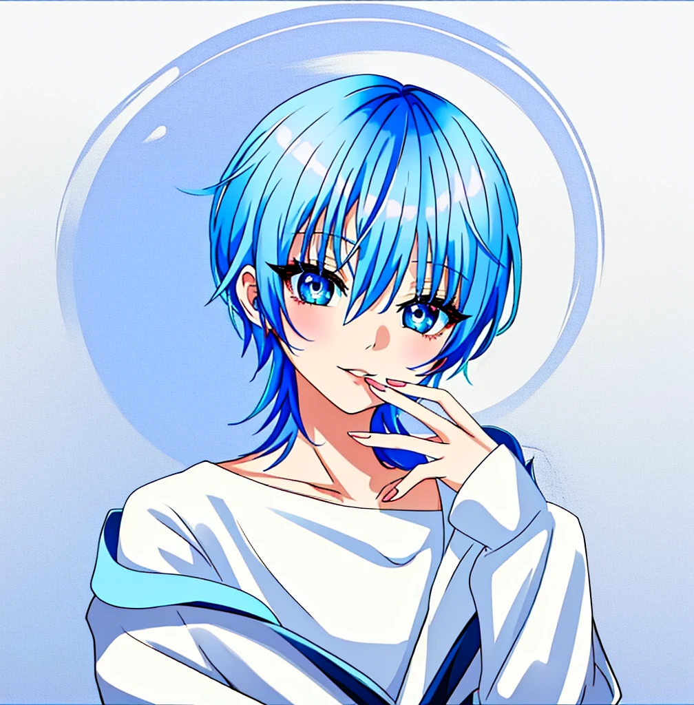 (Masterpiece)、(top-quality)、((Anime Fill 1.3))、Blue hair、white clothes、Simple illustration、white backgrounid、((Detailed beautiful eyes))、(Colorful eyes)、(Clear eyes)、((simple anime coloring))、anime screencap、black outline、sharp focus、intense shadow