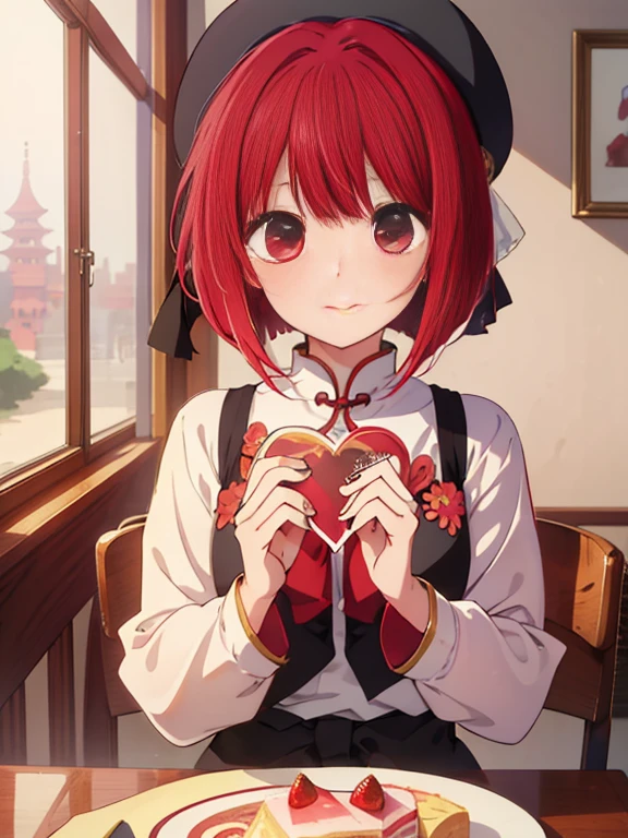 masterpiece、ighly detailed、(1 girl in:1.2)、Red hair、big eye、(((a closeup)))、A smile、8K、short-hair、(((anime styled)))、(((2D)))、Red Eyes、Open your mouth、top-quality、cafes、sitting on、parfait、a cake、(Spoken Heart)、Happiness、chinese clothes,slit