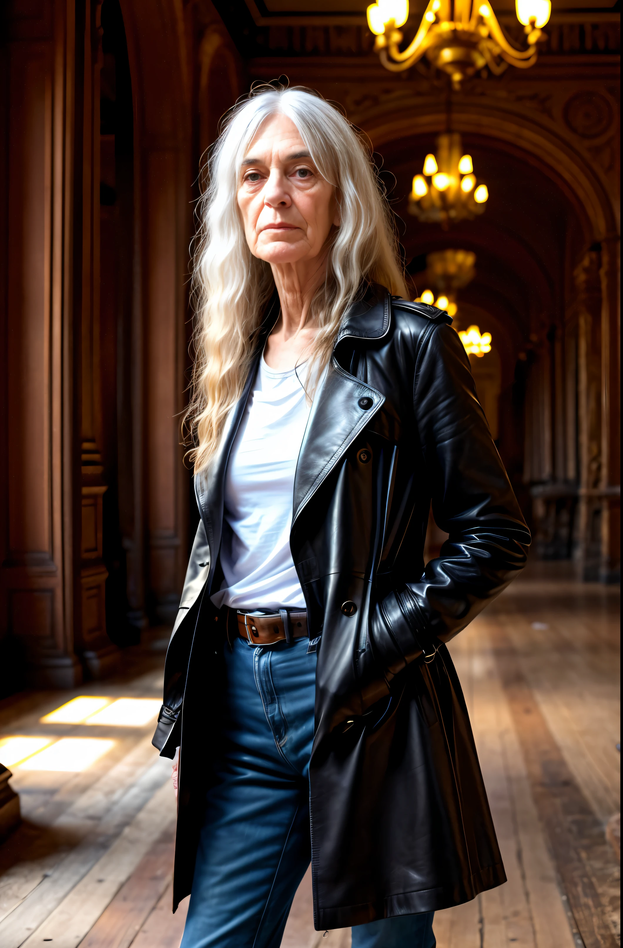 1 anorexic skinny old woman, an anorexic 75 year old singer Patti Smith lookalike, ((half length body portrait, sad aged face appearance, over 75 years old, naturally old but very skinny and sexy,)), masterpiece, best quality, super detailed, (((dressed in an old battered black leather trench coat, white I.W.W. logo t-shirt and loose fitting vintage hip hugger jeans and a large leather belt))), (((lots of long straight gray hair and some dark brown hair in a long straight 1970s shaggy informal hairstyle with very long straight bangs))), ((very dark dramatic eye makeup and dramatic eyelashes)) and ((red lipstick)) and ((red rouged flushed cheeks )) very large round tits (upward pointing tiny bright red nipples), tiny round perfect muscled spherical bubble ass, ((sexy open 3-inch thigh gap)), and a (tiny thin narrow ((22-inch waist))), anorexic extra skinny veiny stringy muscled arms, extra thin and skinny and veiny anorexic muscled legs, dramatic indoor light with a skylight, f/5.6 bokeh drama inside a decrepit large chandeliered entry foyer of abandoned old early 1900s style New York “Chelsea Hotel” building, she is leaning against a damaged antique wooden table, a small smirk looking straight at the camera, (film grain: 1.3), backlight, (lens flare: 1.1), (halo: 1.1), (chromatic aberration: 1.1), (warm tones, warm tones), an anorexic 75 year old singer wrinkly age spotted singer Patti Smith lookalike,