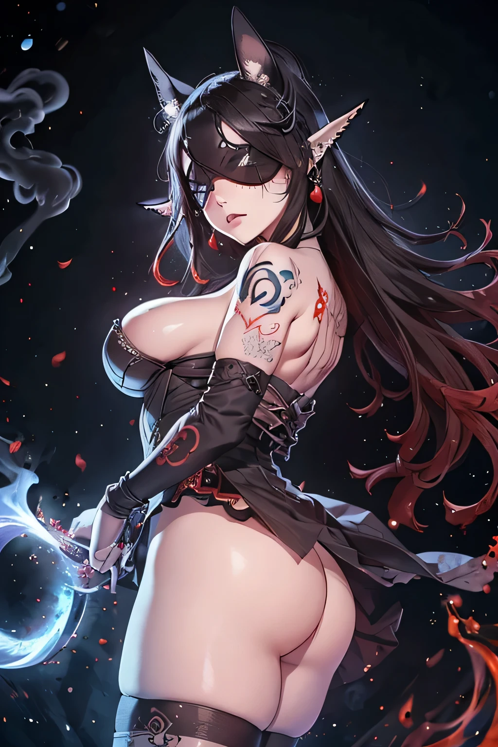 ((Marl、Horse ear headband、fake horse ears))、(lightly dressed、cleavage of the breast、fully body photo、Beautiful legs)、((Dark、Blind Mask、blindfolds、Atrocious、deadpan、Death row inmates、Large piercings、Large earrings、Standing、T back、Surrounded by blue flames、Smoke from the mouth、Snow-white skin、Bloody tears、Red tears、Digital Tattoo))、1girl in、master piece、japanaese girl、absurderes、hight resolution、ultra-detailliert、depth of fields、masterpiece、extremely details CG、3D Photography、3D background、Unity、8K、Hi-Res、top-quality、shadowy、foco nítido、pale-skinned、A detailed eye、blurry backround、dynamic ungle、The most amazing super feat exaggeration、a closed mouth、superclear