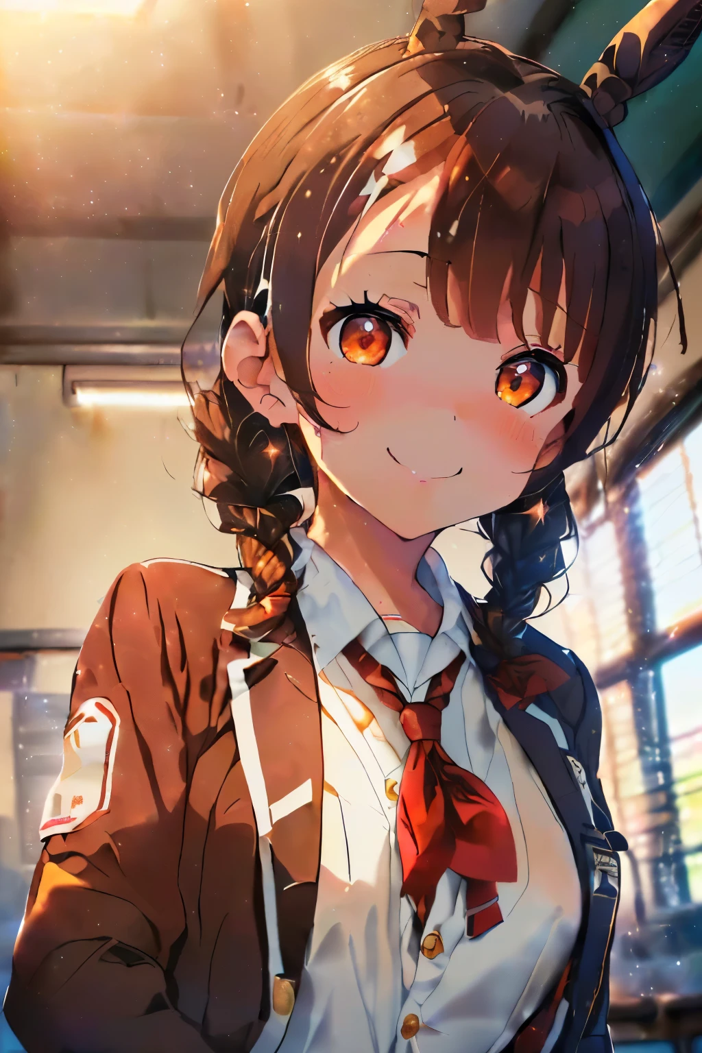 ((Brown hair)),((Braided shorthair)),((Brown eyes)),(With bangs),Slight red tide,(Usamimi:1.7),(School uniforms with a wide open chest:1.5),(Blazer type uniform:1.5),(navy and white and red:1.5),(Rabbit tail:1.25),(active movement:1.2),(Survival Games),(Holding a rifle:1.75),(close up of face:1.2),(Fun atmosphere:1.25),A smile(The inside of your eyes are shining like stars:1.5),