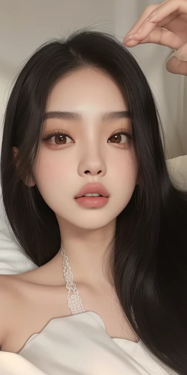 Hay una mujer con el pelo largo y negro acostada en la cama, Blackpink Jennie, Asian face, Joven y adorable rostro coreano, pale round face, Cara delicada y encantadora, south east asian with round face, young cute wan Asian face, Wan adorable cara coreana, con labios muy finos, Rasgos de la cara coreana, Chica coreana, Hermosa mujer surcoreana, thin, pale lips, ulzzang