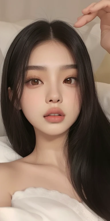 Hay una mujer con el pelo largo y negro acostada en la cama, Blackpink Jennie, Asian face, Joven y adorable rostro coreano, pale round face, Cara delicada y encantadora, south east asian with round face, young cute wan Asian face, Wan adorable cara coreana, con labios muy finos, Rasgos de la cara coreana, Chica coreana, Hermosa mujer surcoreana, thin, pale lips, ulzzang