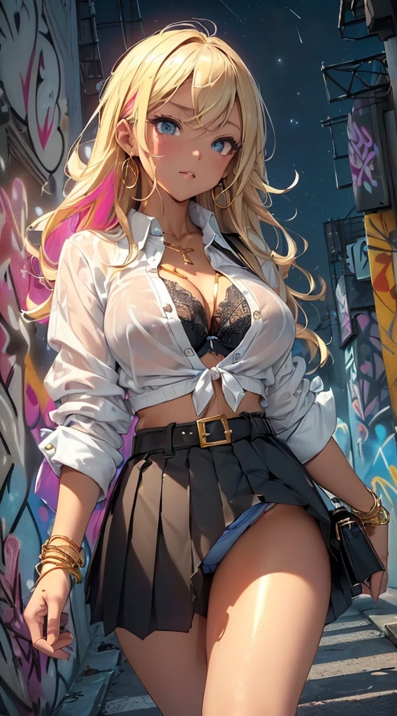 (masuter piece、best qualtiy、ighly detailed、photoRealstic、超A high resolution)、 ((Colorful graffiti art background at night:1.5)、(ighly detailed night background))、 (One Beautiful Girl、Long Blonde Hair、ighly detailedな顔、ighly detailedな目、二重まぶた、Open your mouth wide and stick your tongue out、Ecstatic face、(Blue earrings)、Thick lip)、 ((Tie the white shirt at the belly button:1.3)、(Showing off her exposed blue bra under her open white shirt:1.7)、(tight black pleated skirt:1.6)、(Blue sexy panties:1.4)、Cameltoe、(((((white thick loose socks、Gold Bracelet、Gold Belt、Black bag))))))、 (medium chest、slim waist、skin tanned:1.7)、(walking looking down 1.5)、(Super close-up shot looking up diagonally from below:1.5)、ultra close up、NSFW、Scale to fit image