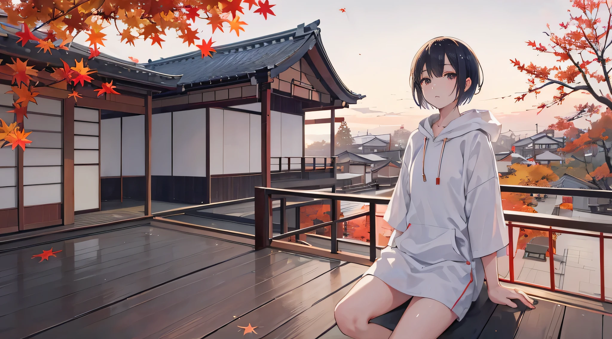 a short hair white hoodie,sitting on a japanse style balcony, japanese style house, autumn leaf, autumn feel, warm, chill, sunset, scaff, looking up the sky, calm, chill, rainny day, warm, night, quiet, high res, ultrasharp, 8k, masterpiece, buildings
