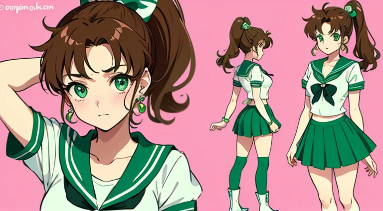 Sailor Jupiter. She wears a sailor suit colored in green and pink, with rose-shaped earrings in green, laced-up boots with height just above the ankles. Brown hair in a long ponytail. Green eyes.