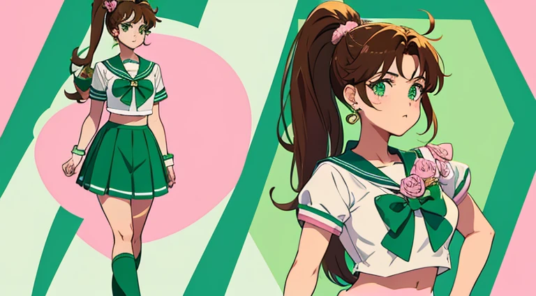 Sailor Jupiter. She wears a sailor suit colored in green and pink, with rose-shaped earrings in green, laced-up boots with height just above the ankles. Brown hair in a long ponytail. Green eyes.