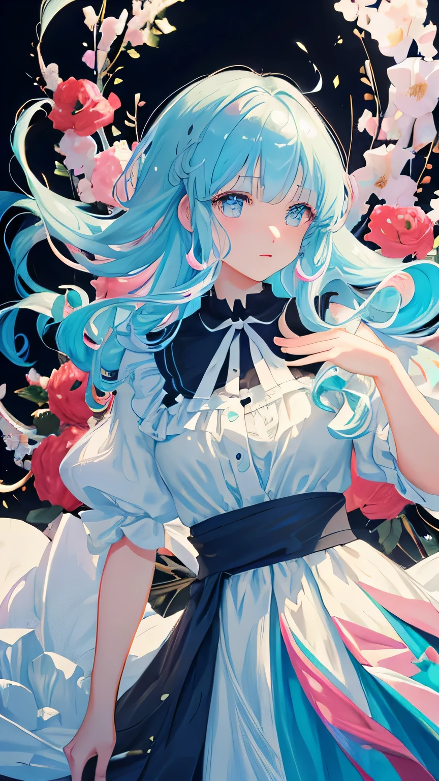 (masterpiece), (best quality), (ultra detailed),(disheveled hair),(illustration), (1girl), (Fashionable clothing), standing, Fashion model, looking at viewer, (interview), ( background),beautiful detailed eyes, delicate beautiful face, Floating,(high saturation),(colorful splashes),colorful bubble,(shining), focus on face,  kamisato ayaka, light blue hair, bangs, hair ring, floating flowers, floating hairs.Girl, anime waifu, looking at viewer, highlydetailed, reflections transparent iridescent colors, long transparent iridescent RGB hair, artby Serafleur from artstation, thick acrylic，illustration on pixiv, waist up portrait, gorgeoussacred girl, best quality, ultra detailed,sad,clever,beautiful face , beautiful lighton black background, Character stvle renderedby Octane,