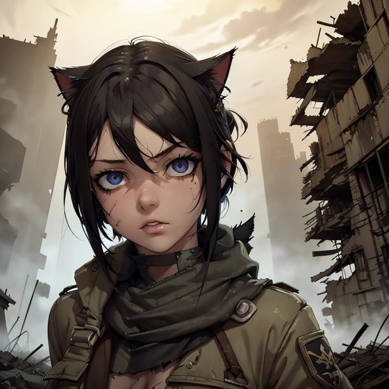 cat girl soldier,detailed eyes and face,longeyelashes,beautiful detailed eyes,beautiful detailed lips,extremely detailed eyes and face,girl in the rubble,destroyed buildings,dusty environment,damaged walls,debris scattered on the ground,crumbling structures,incomplete structures,overgrown vegetation,deserted atmosphere,historical ruins,post-apocalyptic setting,war-torn environment,chaotic scene,dangerous surroundings,dark and moody lighting,ominous atmosphere,gritty and gritty aesthetic,dystopian world,dirt and dust particles in the air,abandoned vehicles and objects,harsh and rugged terrain,bullet casings and shell fragments,smoke and fog in the background,contrasting colors,gritty and muted color palette,subtle gradients and texture,varied textures on surfaces,dramatic shadows and highlights,hard and sharp edges,battle scars and damage on the character's armor,military gear and weapons,strong and confident posture,serious and focused expression,determined and fierce attitude,cat ears and tail subtly incorporated into the character's design,hybrid features blending human and feline characteristics,seamless integration of girl and cat elements,female warrior with cat-like agility and instincts.