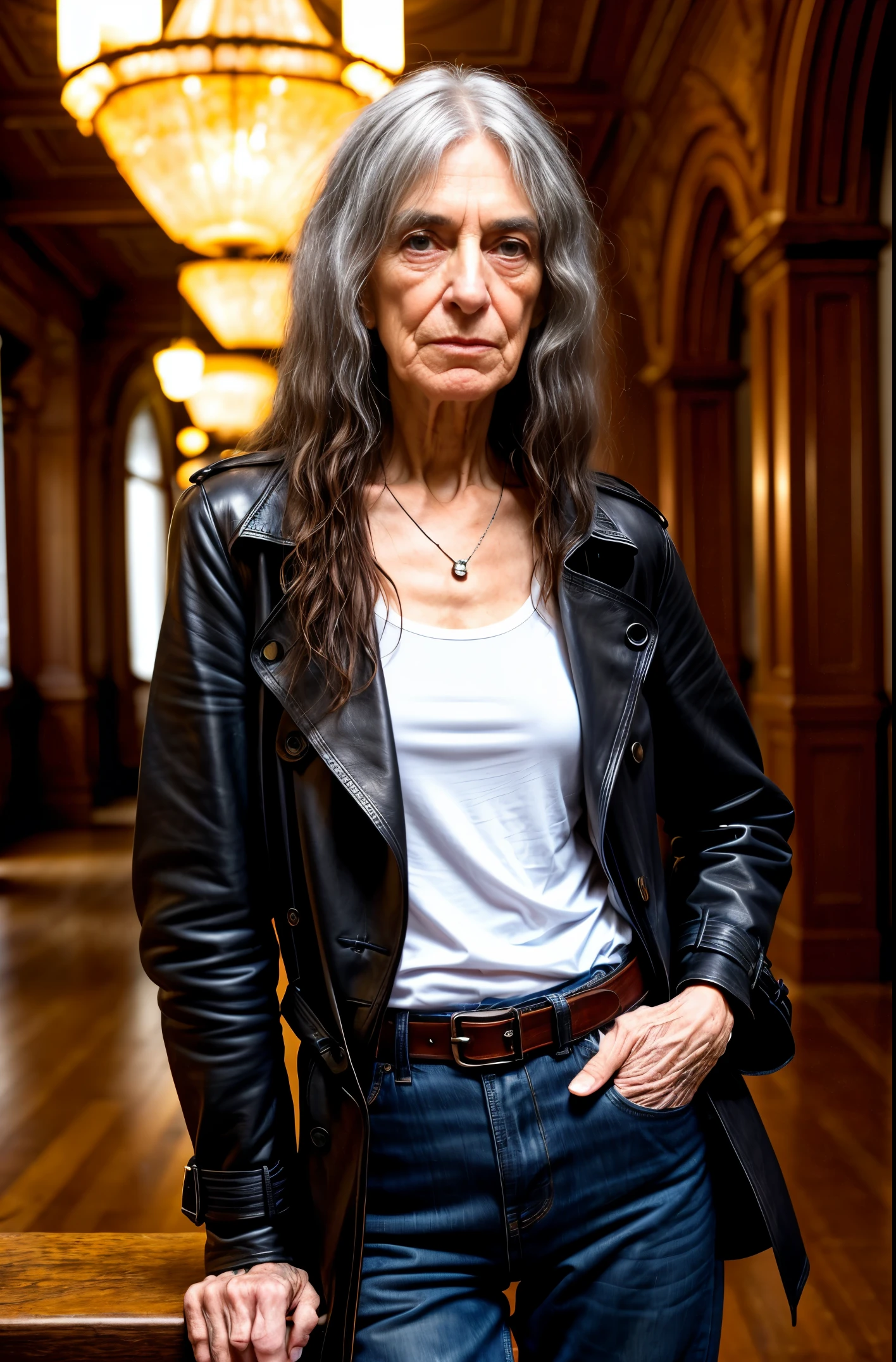 1 anorexic skinny old woman, an anorexic 75 year old singer Patti Smith lookalike, ((half length body portrait, sad aged face appearance, over 75 years old, naturally old but very skinny and sexy,)), masterpiece, best quality, super detailed, (((dressed in an old battered black leather trench coat, white I.W.W. logo t-shirt and loose fitting vintage hip hugger jeans and a large leather belt))), (((lots of long straight gray hair and some dark brown hair in a long straight 1970s shaggy informal hairstyle with very long straight bangs))), ((very dark dramatic eye makeup and dramatic eyelashes)) and ((red lipstick)) and ((red rouged flushed cheeks )) very large round tits (upward pointing tiny bright red nipples), tiny round perfect muscled spherical bubble ass, ((sexy open 3-inch thigh gap)), and a (tiny thin narrow ((22-inch waist))), anorexic extra skinny veiny stringy muscled arms, extra thin and skinny and veiny anorexic muscled legs, dramatic indoor light with a skylight, f/5.6 bokeh drama inside a decrepit large chandeliered entry foyer of abandoned old early 1900s style New York “Chelsea Hotel” building, she is leaning against a damaged antique wooden table, a small smirk looking straight at the camera, (film grain: 1.3), backlight, (lens flare: 1.1), (halo: 1.1), (chromatic aberration: 1.1), (warm tones, warm tones), an anorexic 75 year old singer wrinkly age spotted singer Patti Smith lookalike,