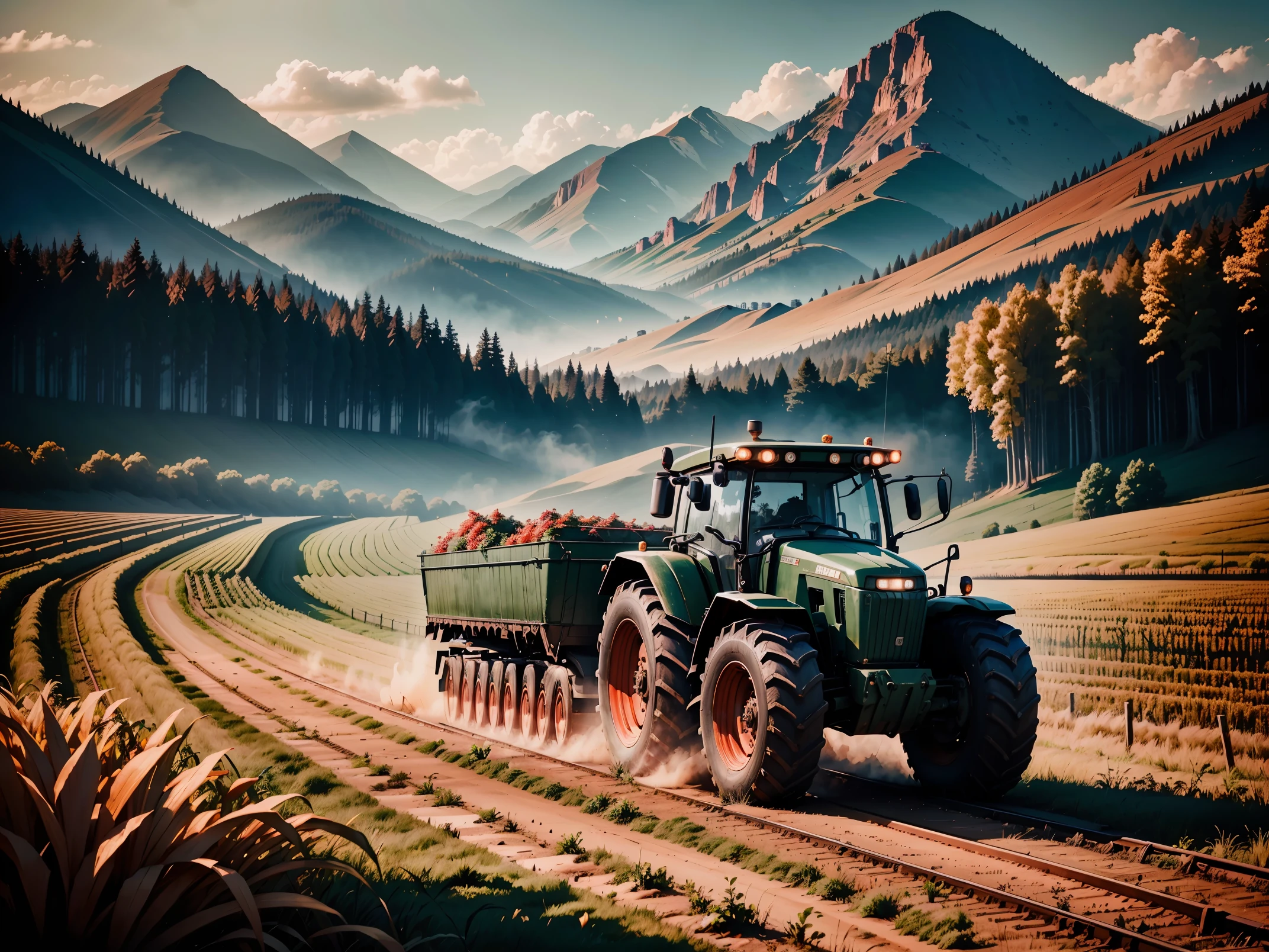 (in 8K, Raw photography, Best Quality, masutepiece: 1.2), high-definition RAW color photography, Professional Photography, Cinematic Light, red trailer, tractor, harvestの風景,farmer,(Detailed facial expressions), slenderbody, Beautiful pictures, instagram photo, Photo Shot, album art, Description, harvest, Crop, high grain,Highly detailed, Photography, masutepiece, High quality, High quality, hight resolution, Professional Lighting,