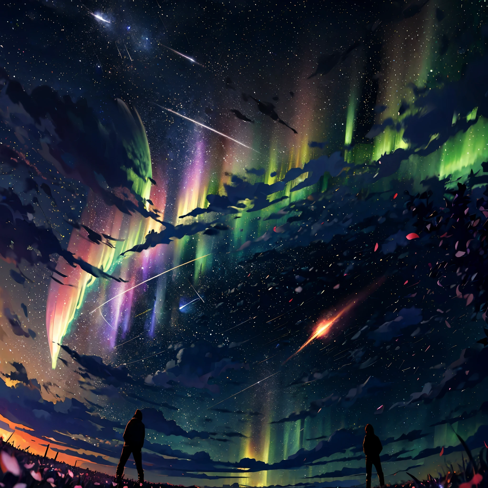 (zoomed: 1.1), (meteor shower: 1.2), (comet: 1.1), your name, low angle, from behind, Northern Lights, meteors, yukata, cherry blossoms, standing in the field, best quality, masterpiece, clouds, colorful, starry, stars,