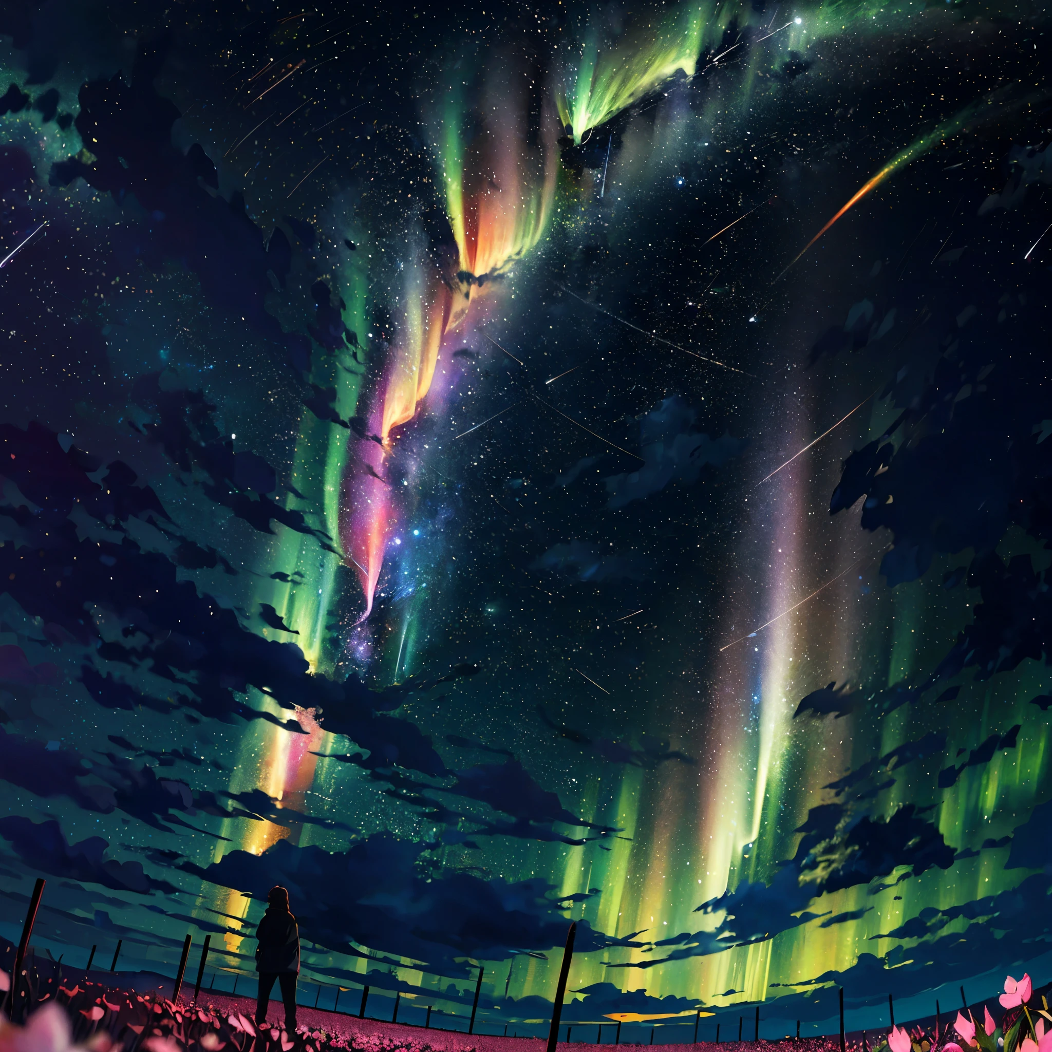 (zoomed: 1.1), (meteor shower: 1.2), (comet: 1.1), your name, low angle, from behind, Northern Lights, meteors, yukata, cherry blossoms, standing in the field, best quality, masterpiece, clouds, colorful, starry, stars,