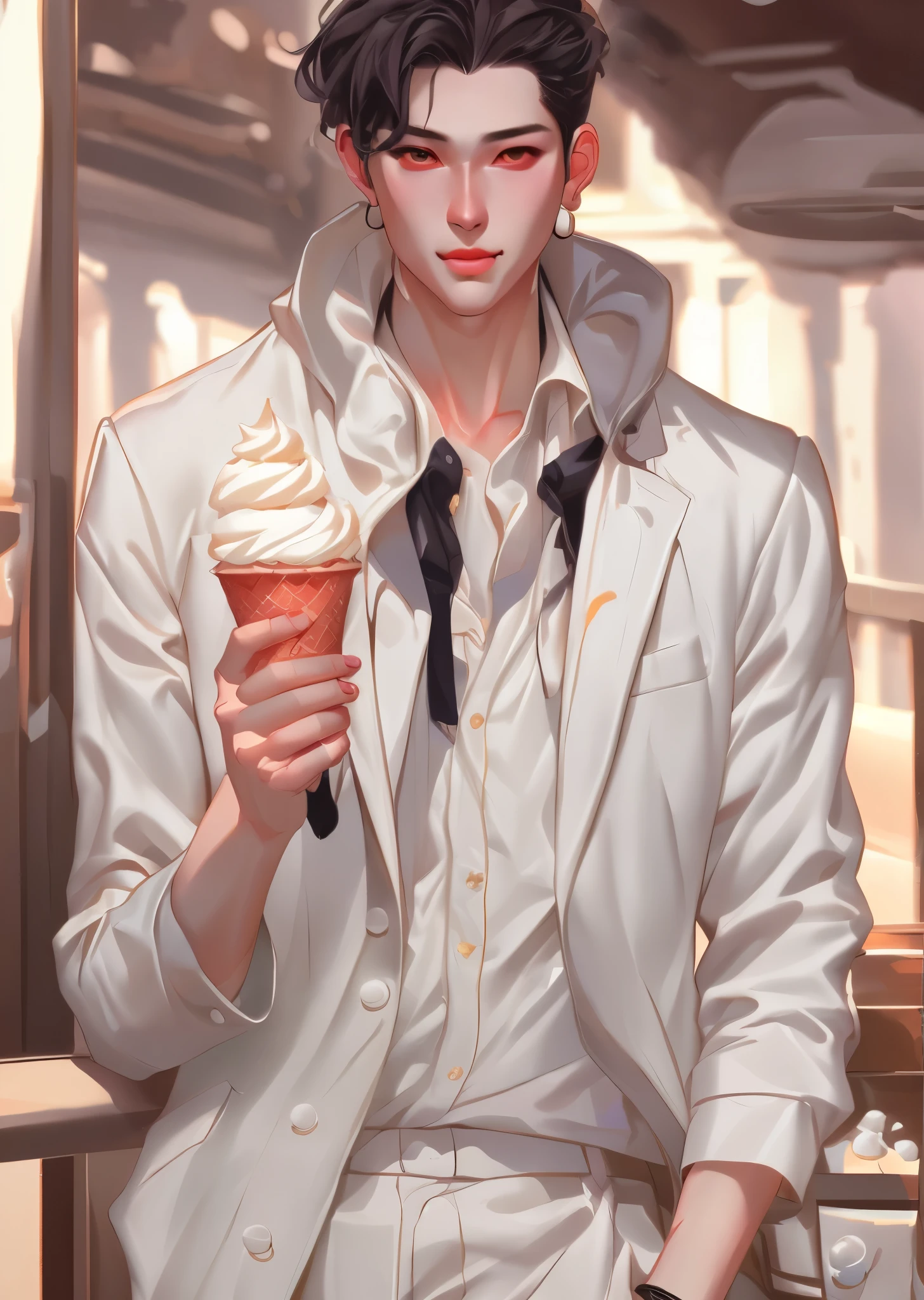 anime man in white suit holding  cream cone in hand, eating  - cream, eating  cream, artwork in the style of guweiz, inspired by Yanjun Cheng,  cream, guweiz, smooth anime cg art,  cream on the side, kawaii realistic portrait, detailed digital anime art, detailed fanart, by Yuumei