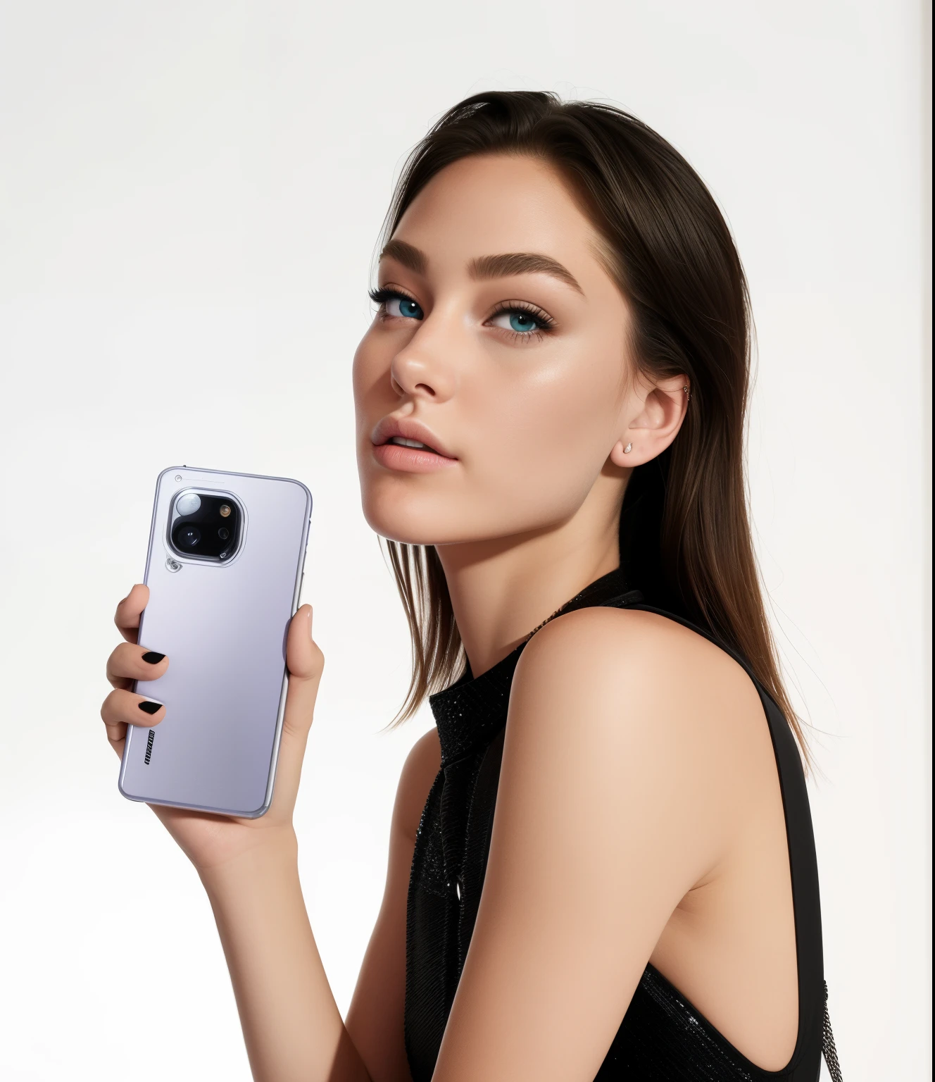 Victoria’s Secret,European, white, Blonde hair,female model, short hair, three-dimensional features, wearing a black suit, ultra-realistic, white background, magazine cover, beauty model, full-body photo, dashing movements, Looking at the camera, she's holding a smartphone.