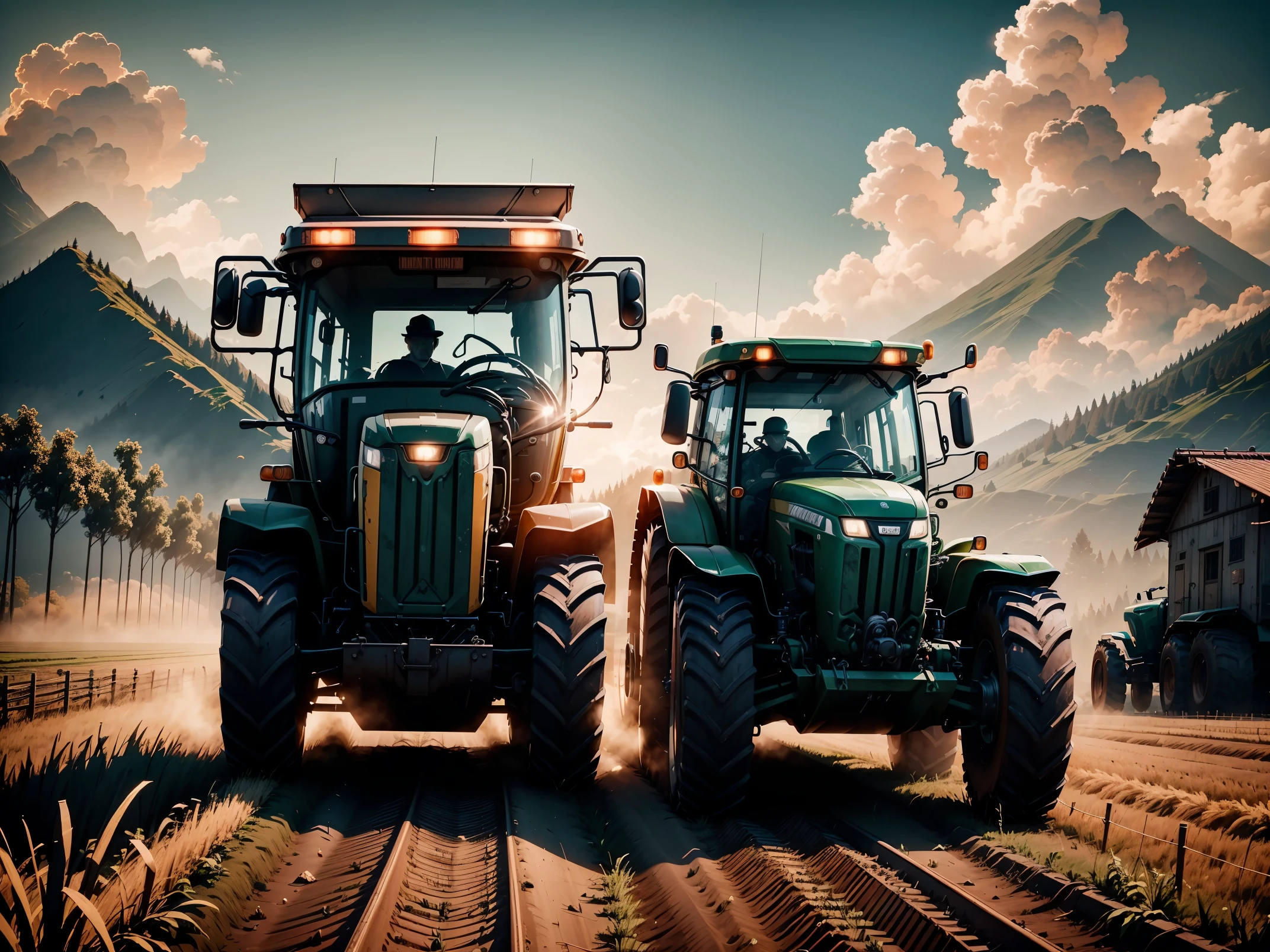 (in 8K, Raw photography, Best Quality, masutepiece: 1.2), high-definition RAW color photography, Professional Photography, Cinematic Light, red trailer, tractor, harvestの風景,farmer,(Detailed facial expressions), slenderbody, Beautiful pictures, instagram photo, Photo Shot, album art, Description, harvest, Crop, high grain,Highly detailed, Photography, masutepiece, High quality, High quality, hight resolution, Professional Lighting,