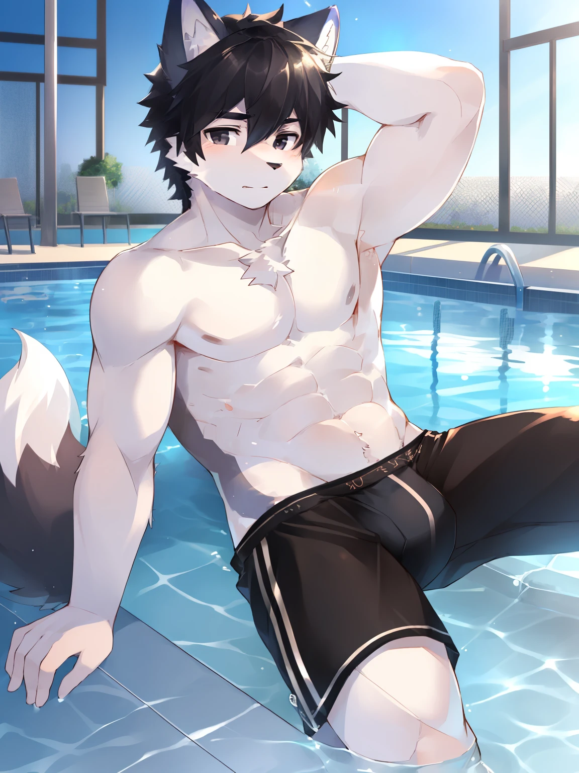 Swimming pool, (1boy), solo, male anthro, kemono, white fur, black hair, (white torso), muscle, hunk, sexy, handsome boy, detailed eyes, white eyebrow, black boxer, (masterpiece), soft skin, warm air, wolf ears, black eyes, black tail, 4K picture quality, beautiful CG.