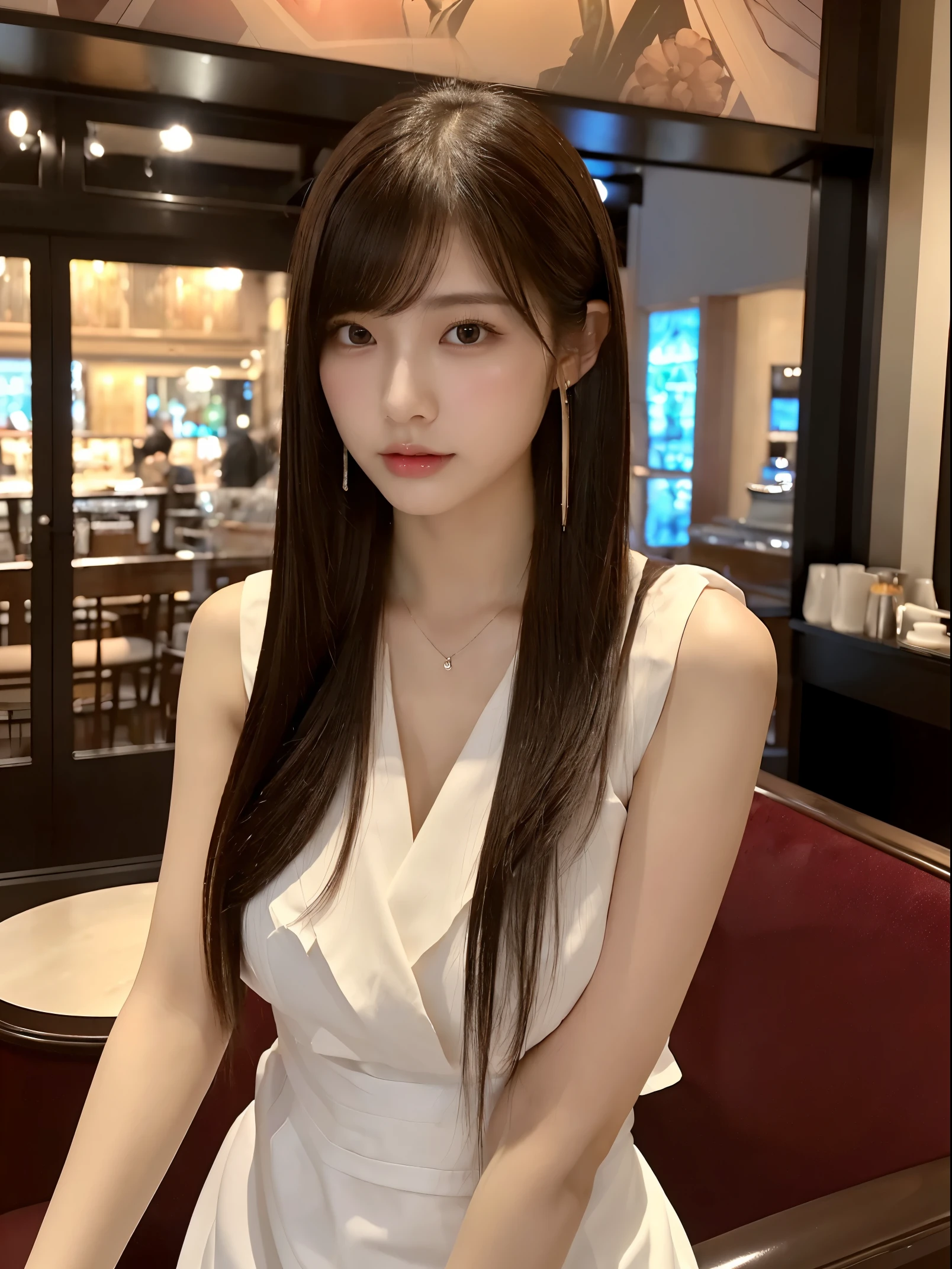 (The ultra -The high-definition:1.5)(ultra-detailliert:1.3) (ultra-quality) (An ultra-high picture quality:1.5) (rialistic photo:1.3) A Japanese Lady 21years old ((detailed and beautiful faces:1.3)) ((realistic skin textures:1.3)) ((Detailed and high quality eyes:1.3)) ((Detailed and high quality ears)) ((Beautiful, very fair and transparent skin:1.3)) ((Beautifully groomed straight short bob hair))Complete body beautiful proportion (Thin sleeveless shirt in fabric) long gathered skirt The background is the inside of a cafe at dusk. Beautiful, luxurious and stylish store ((Looking at the viewer lly:1.3)) Wet lips ajar huge tit Beaful high-definition image quality
