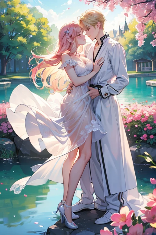 kiss、Couple、lover、Romance、OverFlowing、Full body paint、Exposed breasts、Sheer lace underwear、Remove underwear、Nipples、Nipplesが透ける、ピンクNipples、Pink areola、clitoris、Between strands、Coupleポーズ, Attractive pose, kissing together cutely, Passionate pose, 素敵なCouple, 1 male,(Blonde, Golden Eyes、expensive、190cm、manly、a handsome guy、Beautiful shape、Best Style、Beautiful Prince,Strong Body、Sexy Costumes、expensive、wet gown、Open chest、Flowing)、1 female(Pink Hair,Straight Long Hair、Pink Eyes、Cute big eyes,優しいLaughter、Decorate your hair with flowers、、huge tit、Best Style、Perfect Style、rise)、Put your arms around her waist、hug、Grab the waist、araffe woman in a white lingerie posing for a picture, lingeries beauty, wearing sexy lingerie, , Translucent dress, Translucent body, iridescent shiny sheer lingerie, Sexy Dress, wavy lingeries, Smooth, transparent white skin, lingerie, Beautiful and sexy woman photos, Sexy Style, Lovely lady, Transparent dress, V-neck open clothes, Young and elegant、erupt、Splash、spring, In the park on a sunny day, Bright sunny day、Bright sunny summer day,blue sky、Shine、about、Shine湖、Shimizu、Bright sunShine、Colorful flowers、Surrounded by flowers、intensive contact、Laughter、smile、Kind eyes