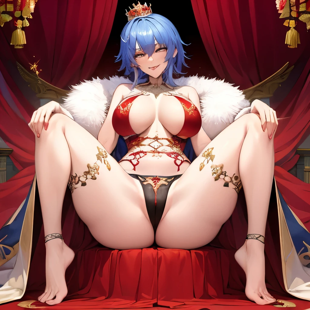 ((best quality)),((masterpiece)),((strikingly beautiful)),1girl, solo, high quality, masterpiece, skinny, bedhead,
canopy bed,
color: red/blue,
coronation robes,
fur,
simple crown,
tattoos, chest tattoos, massive breasts, smirk, spreading legs, tongue out, rolling eyes, full body