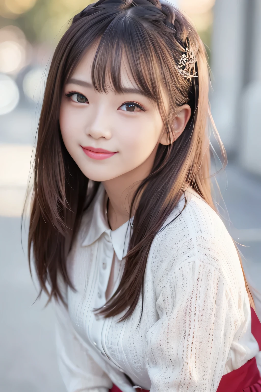 (8K、top-quality、​masterpiece:1.2)、(reallistic、フォトreallistic:1.37)、The ultra-detailliert、女の子1人、18year old、Medium chest、Beautie、Beautiful and perfect face、up close shot、Natural smile、独奏、holiday、Bustling street、shopping、Fashionable clothes、Redness of the nose)、(A smile:1.5)、(With mouth closed) 、beautidful eyes、(long:1.2)、Floating hair 、Middle hair、bronze hair medium hair, (hair), Ear hair, small tits, single bling bride braid),Checked shirt