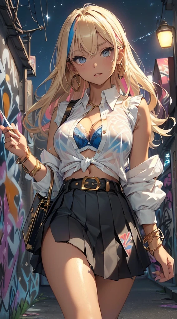 (masuter piece、best qualtiy、ighly detailed、photoRealstic、超A high resolution)、 ((Colorful graffiti art background at night:1.5)、(ighly detailed night background))、 (One Beautiful Girl、Long Blonde Hair、ighly detailedな顔、ighly detailedな目、二重まぶた、Open your mouth wide and stick your tongue out、Ecstatic face、(Blue earrings)、Thick lip)、 ((Tie the white shirt at the belly button:1.3)、(Showing off her exposed blue bra under her open white shirt:1.7)、(tight black pleated skirt:1.6)、(Blue sexy panties:1.4)、Cameltoe、(((((white thick loose socks、Gold Bracelet、Gold Belt、Black bag))))))、 (medium chest、slim waist、skin tanned:1.7)、(walking looking down 1.5)、(Super close-up shot looking up diagonally from below:1.5)、ultra close up、NSFW、Scale to fit image