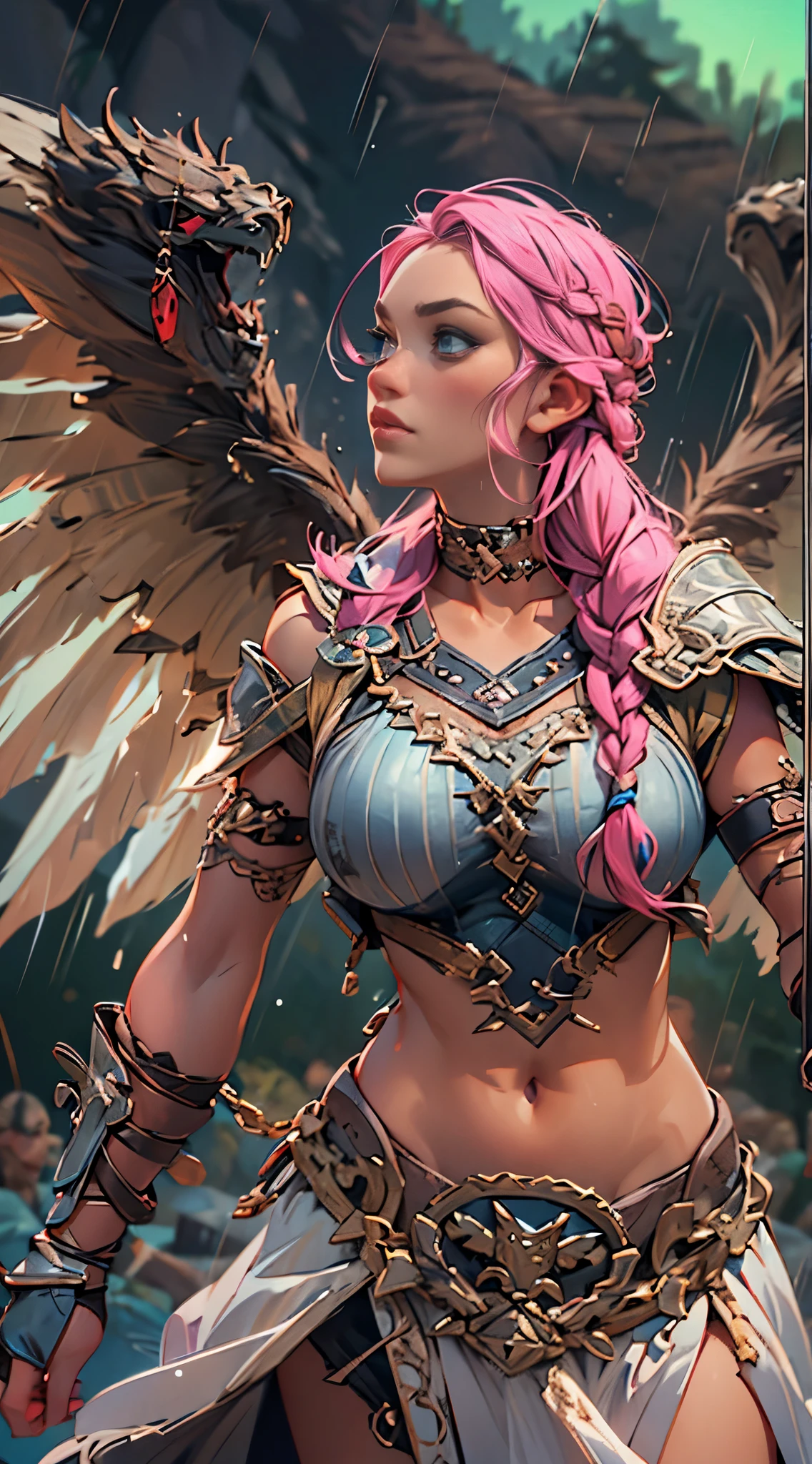 super strong female, muscular, raining, 35mm lens, photography, ultra details, precise texture details HDR, UHD,64K, Norse Valkyrie, wearing intricate and delicate armor, beautiful large wings, side profile, super massive gigantic breasts, goregous, pink hair, glowing norse runes, ruined battle field scattered with dead warriors background,