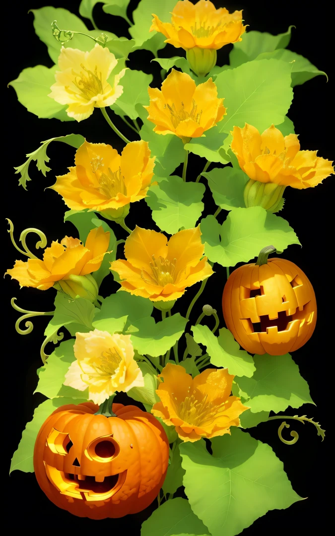8K resolution, gothic debate art, (pumpkin flower+Transparent flowers),(dark foreground like sparkling petals), (Pumpkin leaves and grapes light flow, Silver vapor surrounding the guardian cloud, 8K resolution, great visual enjoyment., Soft cinematic light, Light Lab, nffsw, reveal your dreams, intricate style..