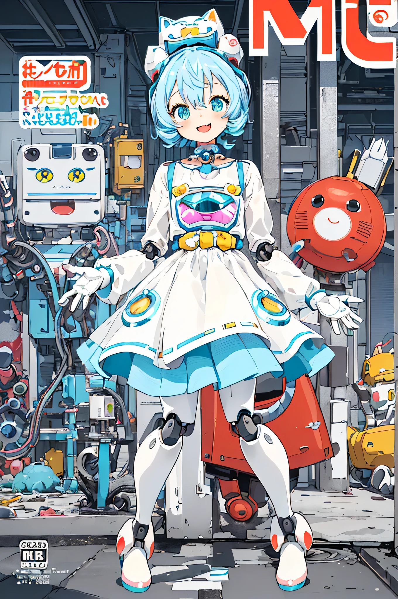 ((((adorable))), (((playful))), (((charming))) film poster featuring a robot cat as the central, It stands cutely in the center of the poster, dressed in a whimsical and charming metallic outfit, with a cheerful expression on its face. The background is filled with pastel colors and cute, cartoonish elements, creating a sense of warmth and charm in the robotic world. The text is in a friendly and playful font, with a catchy tagline that adds to the overall feeling of sweetness and excitement in the mechanical realm. The color palette is a mix of soft pastels and bright, cheerful hues, giving the poster an irresistibly cute and visually delightful appearance. (magazine:1.3), (cover-style:1.3), futuristic, charming, outfit, posing, front, colorful, dynamic, background, elements, cheerful expression, holding a cute accessory, whimsical, coiled tail around the scene, text, cover, friendly, attention-grabbing, title, cute font, catchy headline, larger, charming, modern, trendy, focus, adorable fashion,(((robot)))