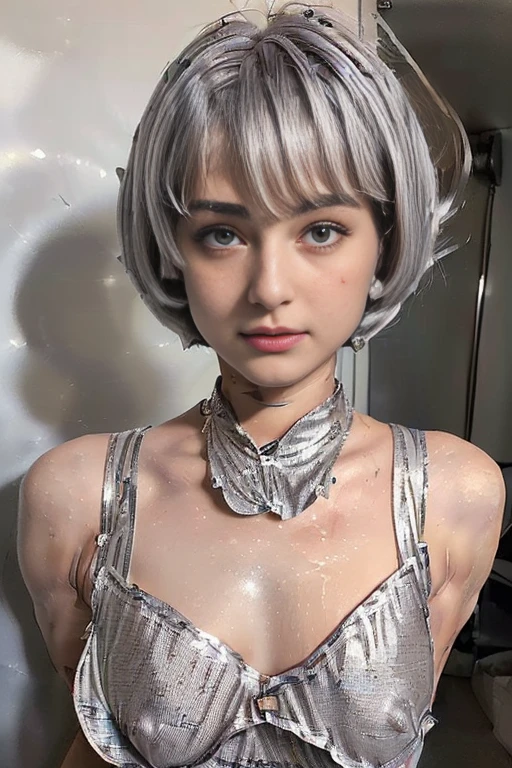 (20year old、Italian、Beautiful girl、Extraordinary Beauty:1.8))、(gark silver hair、short-hair、bob cuts、Curled Hair:1.7)、(no clothes), bare big breasts, cute nipples、(Pose like a model、Fantastical:1.6)、(real cute pussy, from front, short hair, cute breast, huge nipples),